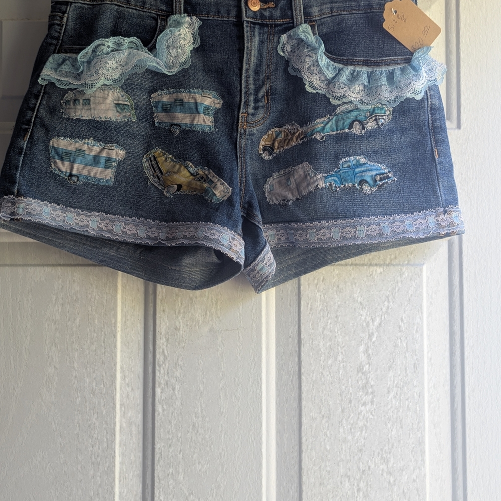 Denim Shorts with Lace and Car Patches